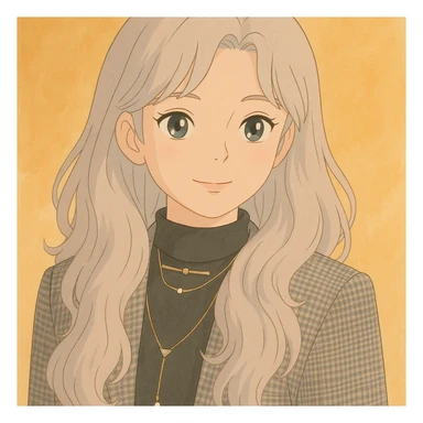 Turn this woman into a Ghibli style character with soft colors, gentle expression, detailed hair, warm background, anime-inspired, elegant outfit. sticker