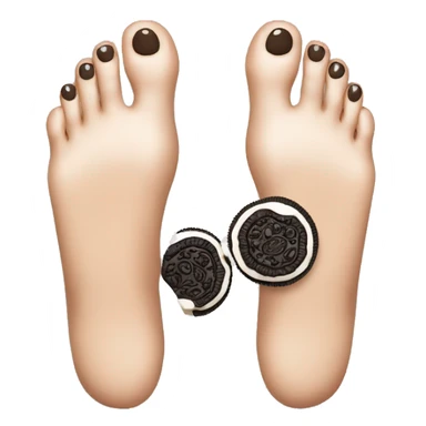 A bare foot with toes with an oreo cookie between the big toe sticker