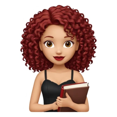 generate a pretty bratz girl curly dark red hair, brown lipstick on, smiling. Book in hand, wearing a black cami top. sticker