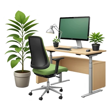 An ergonomic office setup with a height-adjustable desk and a large flat monitor on top. Next to it, a modern ergonomic swivel chair with supportive backrest, and a small potted plant placed on the desk or floor to add a healthy touch sticker