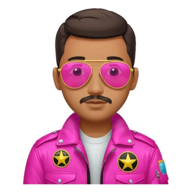 1980s cool man with stubble wearing reflective neon pink aviator sunglasses and a pilot topgun jacket sticker