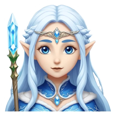 Legendary fantasy Christmas elf portrait icon, Santa Claus and Snow Maiden inspired, ancient winter spirit style, long flowing white-blue hair, glowing frost eyes, crystal staff, elegant elven features, divine winter magic aura, icy silver color palette, highly detailed but clean emoji icon sticker