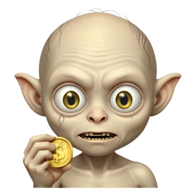 Gollum with big eyes holding a coin sticker