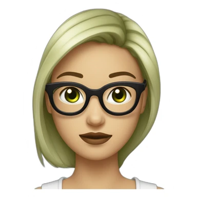 une fille avec de long cheveux noir lisse , des yeux vert , et avec des lunette (en forme de carrer un peu déformé) assez grosse comparer a ça tête , portant un pull noir sticker