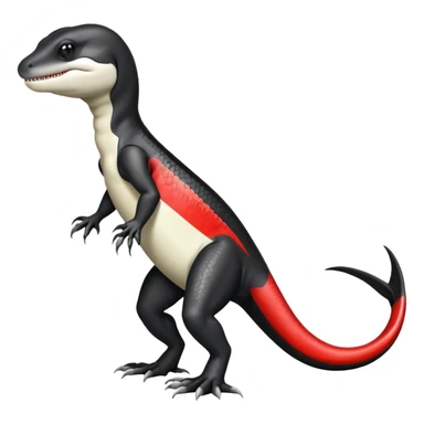 Black and white Orca-reptile-reptilian-lizard-skink-gecko-Digimon-Fakémon-hybrid full body, two legs, two arms, claws, tail, with red stripe sticker
