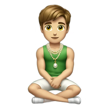 Posh-muscle-boy-brown-hair-green-eyes-pearl-necklace-sitting-on-golden-cube sticker