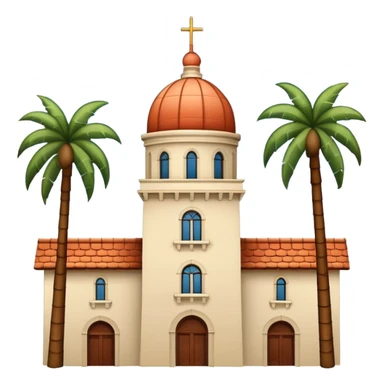 California Building with tile-domed roof and California Tower in San Diego, including palm trees, simple apple style emoji, white background, no text, inspired by reference photo sticker