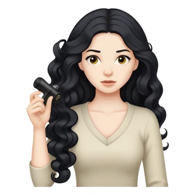 pale skinned woman with long black hair curling her hair, getting ready sticker