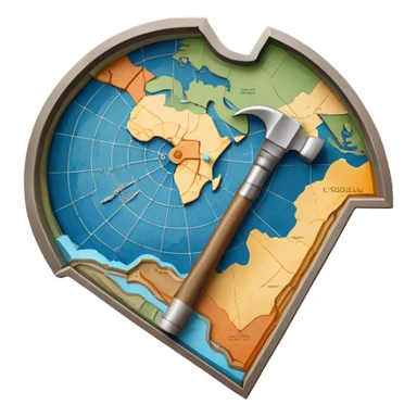 An icon featuring a crowbar and a geological map, and layers of Earth’s crust, symbolizing geology. The design includes mineral samples, fossils, and tectonic plates, representing the study of Earth’s structure and natural processes. Transparent background highlights geological exploration sticker