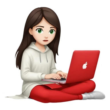 Long dark brown haired, white skinned, dark green eyed girl in white clothes girl sitting in macbook with a red case and watching to macbook sticker