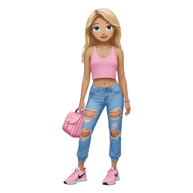 preppy teenage girl, blue eyes, tan, less blonde highlights, brown long hair, long eyelashes, beach aesthetic, wearing cute clothes, wearing ripped blue longer baggy jeans with a light pink sexy revealing low neck crop top, wearing Nike shoes, very sexy, very long eyelashes, very pretty sticker