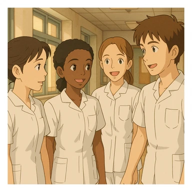 Quatre étudiants infirmiers, style Ghibli, en interaction dans un environnement intérieur, uniformes blancs à manches courtes, tuniques col en V, poche poitrine à gauche, pas de pied de col, pas de stéthoscopes, avant-bras nus, cheveux longs attachés pour celles qui en ont. Basés sur les quatre visages fournis. sticker