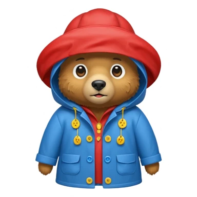 A bear in a red rain hat and a blue raincoat with yellow buttons down the middle sticker