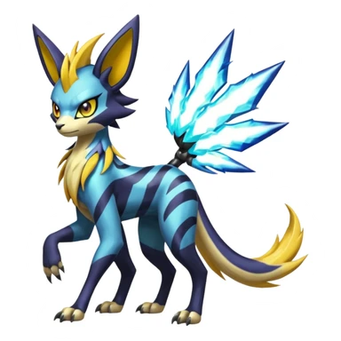 Shiny colorful exotic Feral Scaly Striking Slaying Badass Evil Handsome Lightning-patterned Zig-zagged buzzy fuzzy Meloetta-Renamon-Luxray-Cobalion-Suicune-Vernid-fusion-hybrid-creature, full body  sticker