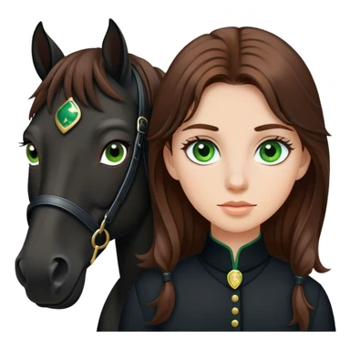 A brown hair, green eyes girl with a black horse sticker