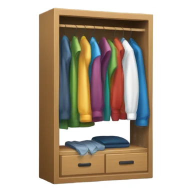 Design an emoji-style icon of an open wardrobe with clothes hanging inside. Include details like a wooden frame, hangers, and colorful clothing items such as shirts or any other clothing . Use a clean and minimalistic design. sticker