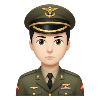 short black neat hair, sharp dark gray eyes, pale skin, serious expression, wearing military uniform, upright posture, minimal accessories, sharp and precise style. Man sticker