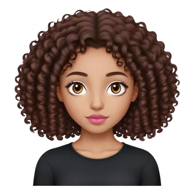 Lightskinned, dark brown curly hair girl (3a), Nubian nose, Full lips, with a natural pink-brown tone, dark brown almond eyes, Slight arched eyebrows, full, dark brown/black, wearing a black long sleeve top  sticker