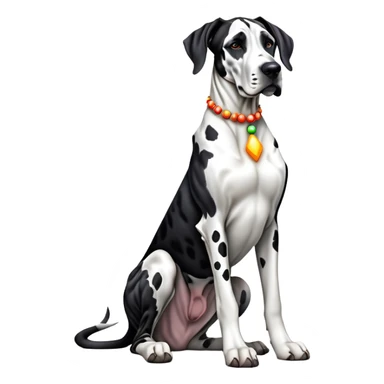 cinematic-[harlequin great dane]-realistic-full-body-sitting-emoji,-tail-resting-loosely-beside-its-paws,-head-tilted-dramatically, ears drooped, -sleek-[black and white]-fur,-simplified-yet-realistic-focused-features,-highly-detailed,-glowing-with-an-almost-sarcastic-glow sticker