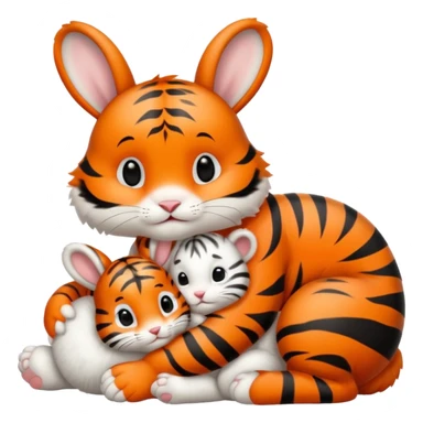 White baby bunny cuddling next to baby tiger sticker