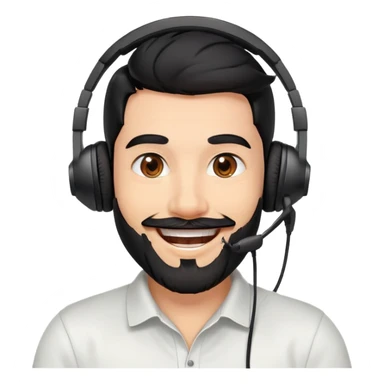 Very happy excited grinning man with black hair, brown eyes, black beard wearing a gaming headset sticker