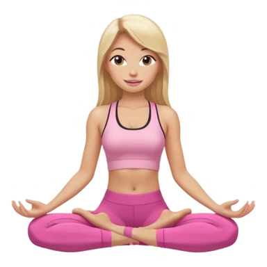 Mujer color de piel moreno con cabello rubio suelto y lacio y largo, que tenga gloss en los labios y se vea usando Blush rosita, usando un top rosa deportivo y leggins deportivo rosa en una pose de yoga sentada, viendo hacia enfrente con ojos negros y sonriendo sin mostrar los dientes sticker