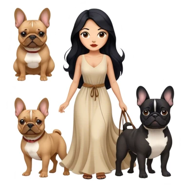 latin woman in a dress with long black hair standing alongside two French bulldogs  sticker
