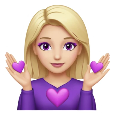 twitch emote, kinda chibi style. blonde hair: long, straight, no bangs. gray eyes. an eyebrow with a slit. purple eyeshadow/eyeliner with gold eyeshadow. only face and arms, hands visible. happy, holding a purple heart. white background. sticker