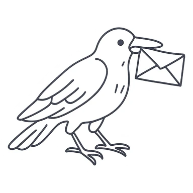 hand drawn outlined icon of a raven with a letter sticker
