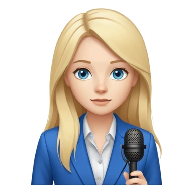 A young woman with long blonde hair and blue eyes, wearing a blazer, recording a podcast with a microphone sticker