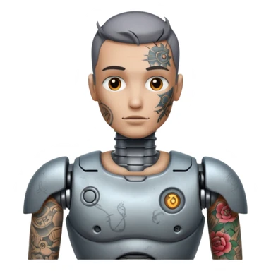 gray Tatooed robot, big many tatooes on chest, neck and face sticker