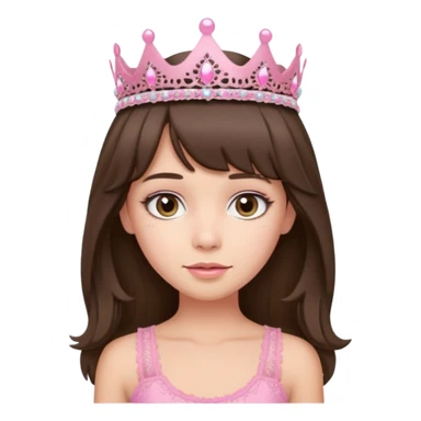 super long haired brunette with middle part curtain bangs cute pink lacy tank with a pink tiara on head, white but with a little bit of tan sticker