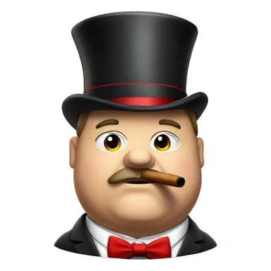 Really fat man smoking a cigar, wearing a tophat and fancy suit with red bowtie sticker