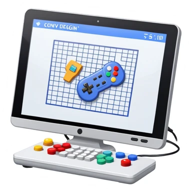 Icon for Game Design Development: a computer screen displaying a game interface, pixel art, 3D models, a game controller, and tools like a grid, stylus, and wireframe. Сonvey the process of game development, with elements representing design, coding, and interaction. Transparent background. sticker