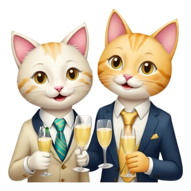 happy girl cat with eyelashes wearing a colorful necktie and happy boy cat wearing a professional necktie clinking champagne glasses together in celebration, both with cheerful expressions sticker