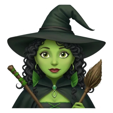 elphaba the wicked witch from wicked movie (cynthia erivo) dark long curly hair, thick lips, green skins, witch hat, witch broom, evil, wicked musical film  sticker