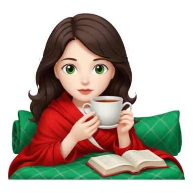Long wavy dark brown haired, white skinned, dark green eyed girl wrapped in a red and white blanket, sipping tea and reading a book sticker