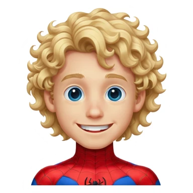 a blonde boy with curly long hair, blue eyes, big smile, spiderman costume sticker