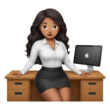 Curvy woman with brown skin with long wavy black hair, brown eyes. She's wearing a tight white shirt and tight black mini skirt, she's sat in the edge of a desk sticker