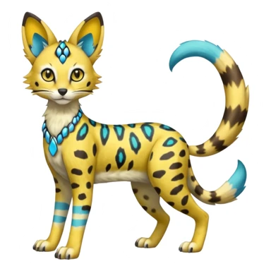 Colorful Yellow Meloetta-Sergal-Serval-Genet-Pokémon-Digimon-Fakémon-fusion-hybrid-creature with Cyan stripes and blue leopard-spot-markings  sticker