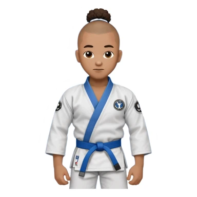 black karate instructor with pony tail afro hair and shaved bald sides haircut, Make the hair brown and the belt blue. Add the roger Gracie academy logo on the go also and the p logo of progress jiu jitsu on the right arm sleeve  at the top sticker