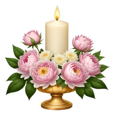 An elegant ivory candle in a golden holder, surrounded by a lush bouquet of soft pink roses, white peonies, and blush dahlias, flickering gently in the dim candlelight. sticker