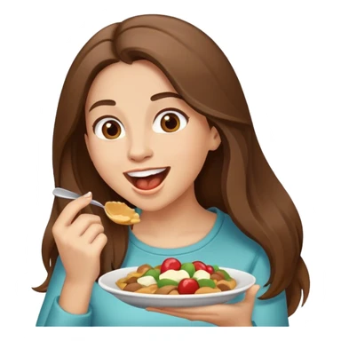 excited woman with long brown hair eating sticker