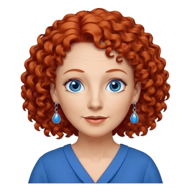 una profesora mayor simpática con el pelo rojo rizado, ojos azules, vestido azul y pendientes azules hablando sticker