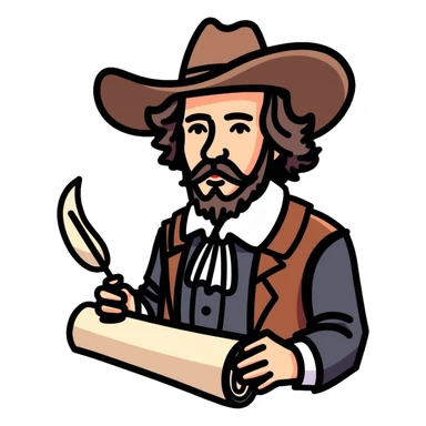 Shakespeare in a cowboy outfit with a scroll and quill sticker