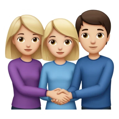  iOS emoji style.
A girl holding hands with two boys at the same time,one boy si brunette the other blonde, one on each side. the brunette one is kised by the girl but the blonde one si holding hand with her
The girl has a suspicious, guilty expression
 smooth gradients, rounded shape sticker