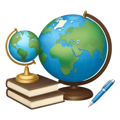 Create an emoji representing language translation. The design should feature a globe in the background, symbolizing international communication. In front of the globe, place two books or sheets of paper with texs on them and a pen nearby to indicate the act of writing. Use a clean and professional color palette with blues, greens, and neutral tones. Make the background transparent. sticker