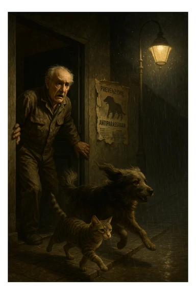 Un uomo anziano in tuta da lavoro, con espressione angosciata, tiene aperta la porta di casa mentre il suo cane (un meticcio a pelo lungo) e il gatto (soriano) scappano nella strada buia sotto la pioggia. Particelle di polvere/pulci fluttuano nell'aria illuminata dal lampione. Sullo sfondo, un poster strappato del veterinario con scritto 'Prevenzione antiparassitaria'. Stile fotorealistico, illuminazione Caravaggesca, toni grigi e ocra. in italiano sticker
