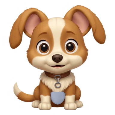 Boots the dog from Puss in Boots, Pixar / DreamWorks-style 3D render; cute, small dog with big round expressive eyes, floppy ears, and a sweet innocent smile; soft light-brown and cream fur with gentle texture; playful, loyal personality; polished animated-film quality;  sticker