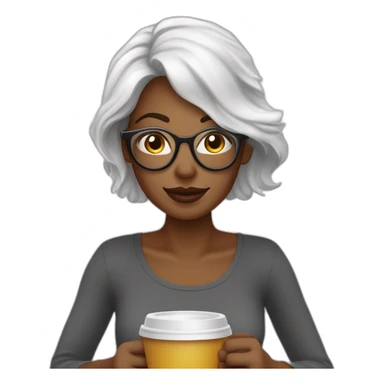 Mujer de piel blanca, melena negra,con lentes semi al aire de color calipso. Con un lunar sobre el labio superior en la parte izquierda de la cara. Tomando un café y saludando sticker